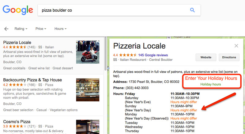 Local Business Holiday Hours example in Google Search Results